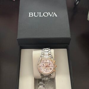 Bulova Silver and Rose Gold Dial Chronograph Bracelet Watch